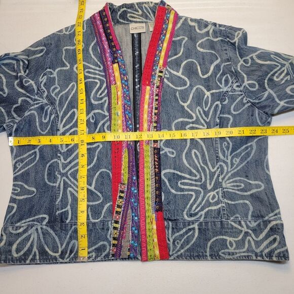 Chico's Blue Jean Denim Jacket with Multicolor Trim Bleached Floral Pattern - Picture 10 of 12